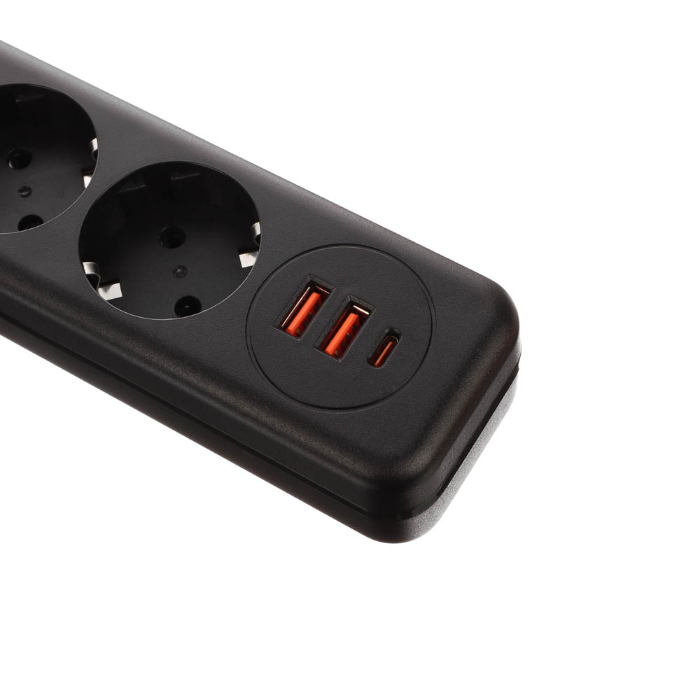 Удлинитель, сетевой фильтр 4 гнезда 3м BY Black, 2*USB, 1*type-C,выкл., 2500Вт, чёрный, арт.№ 907-276