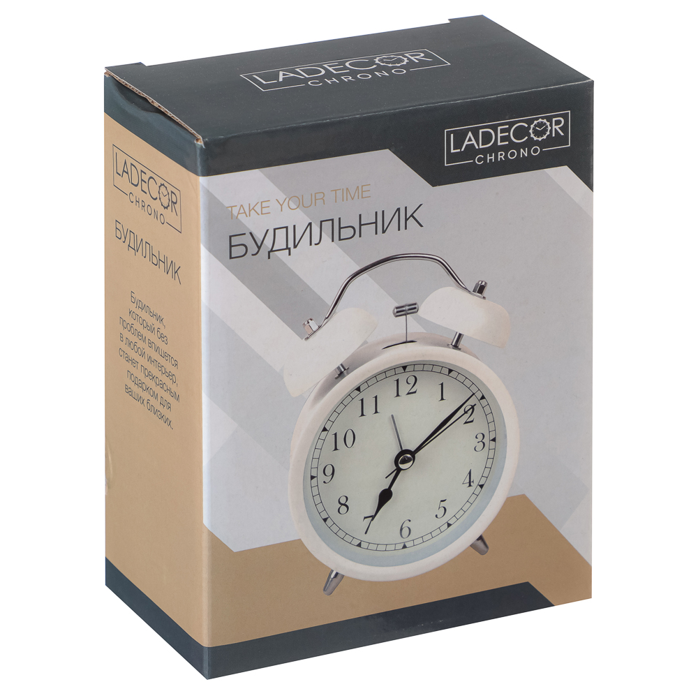 LADECOR CHRONO Будильник с подсветкой, 1xАА, 10x5,7x13,8 см, металл, белый, арт.№ 529-032