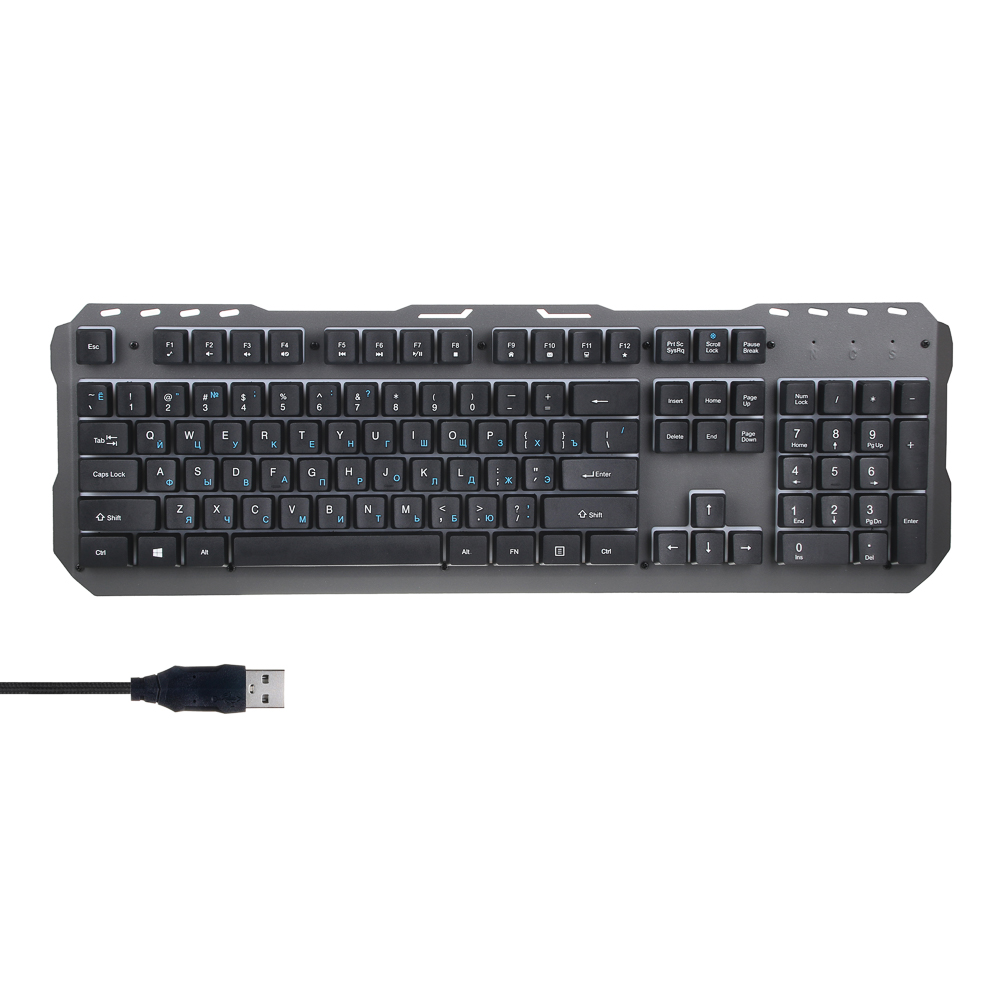 Клавиатура мембранная BY, 104кл., синяя подсветка, металл, синяя кириллица, каб.140см, арт.№ 405-031