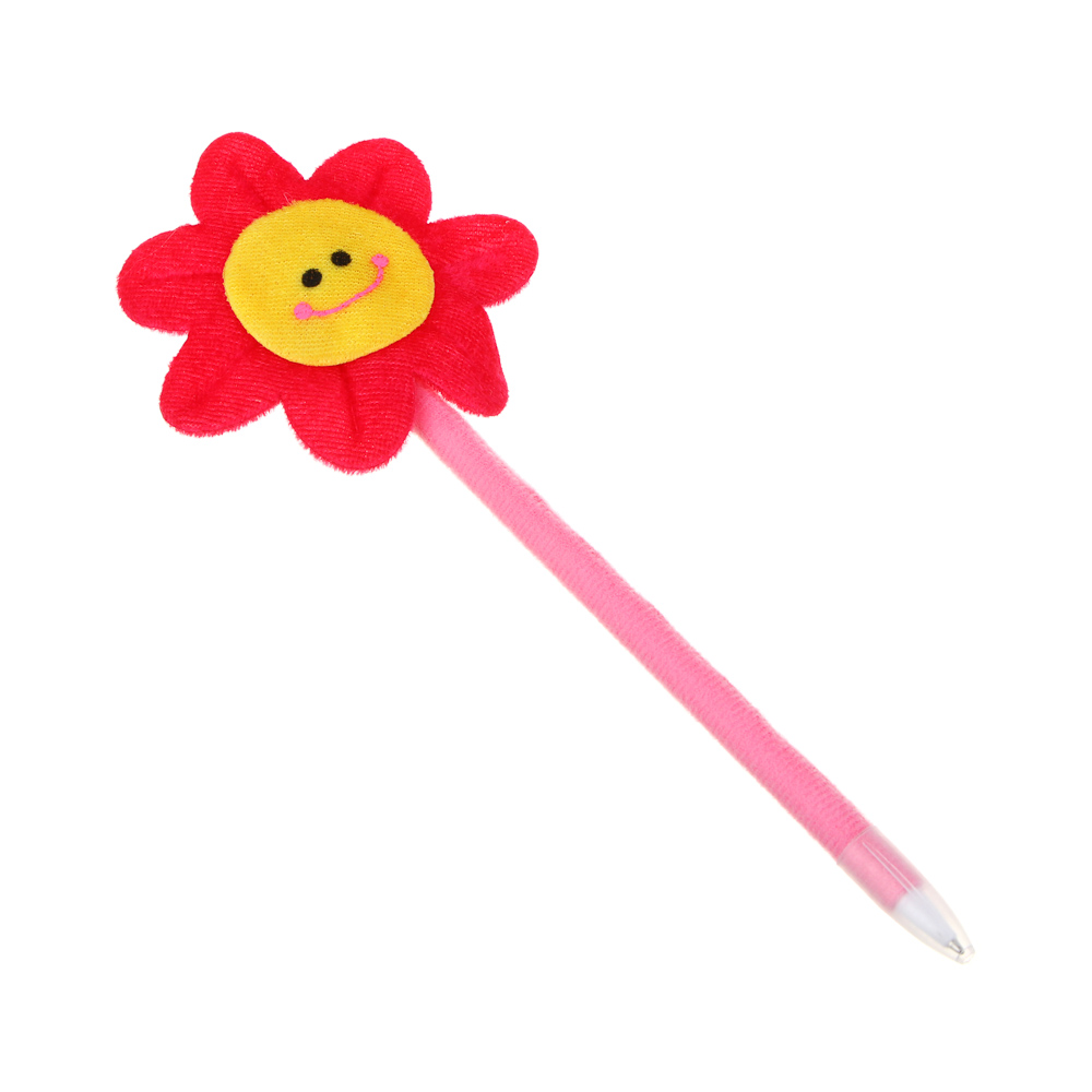 Ручка шариковая синяя в форме цветка со смайлом, мягкий корпус 18,5 см, ткань, PP, 4 дизайна, арт.№ 526-020