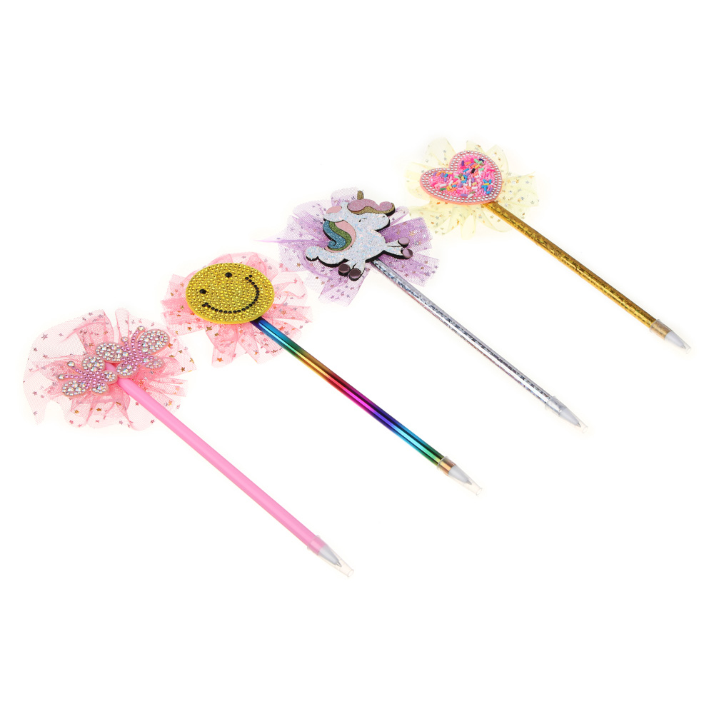 Ручка шариковая синяя, наконечник в форме сердечка/единорога/бабочек, ткань, пластик, корп.17,5 см, 4диз., арт.№ 526-023