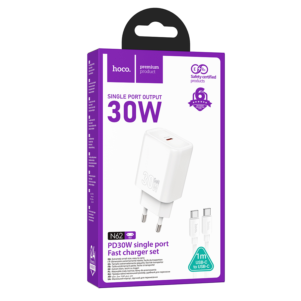 Комплект СЗУ hoco. модель N62, USB-C, PD30Вт, каб. C-C, белый, арт.№ 916-339
