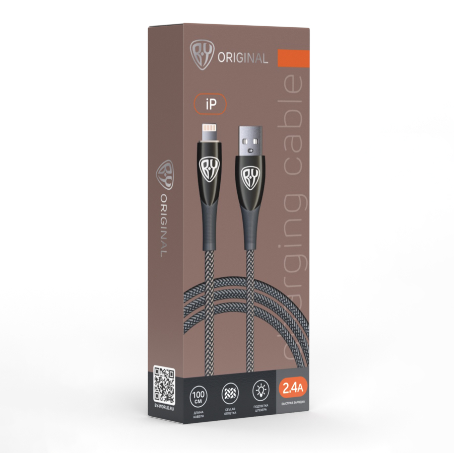 Кабель для зарядки USB(A)-iP BY Сириус, 1м, 2.4А, Быстрая зарядка, штекер металл, серый, арт.№ 931-141
