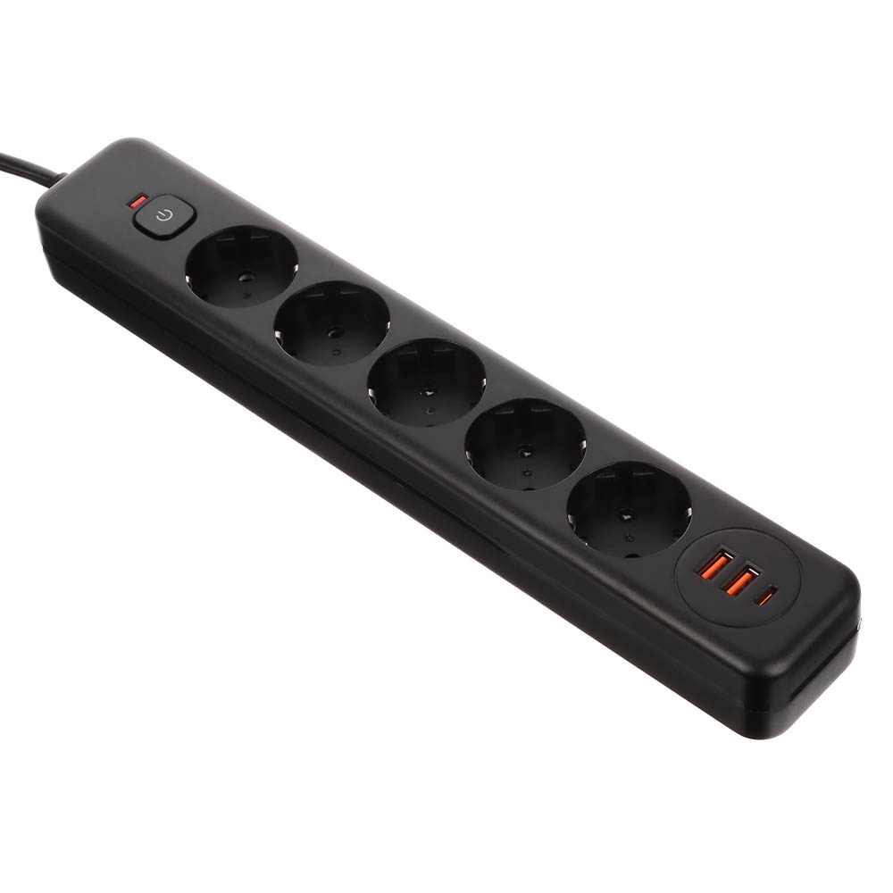 Удлинитель, сетевой фильтр 5 гнезд 3м BY Black, 2*USB, 1*type-C,выкл., 2500Вт, чёрный, арт.№ 907-277