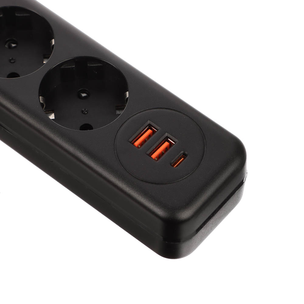 Удлинитель, сетевой фильтр 5 гнезд 3м BY Black, 2*USB, 1*type-C,выкл., 2500Вт, чёрный, арт.№ 907-277