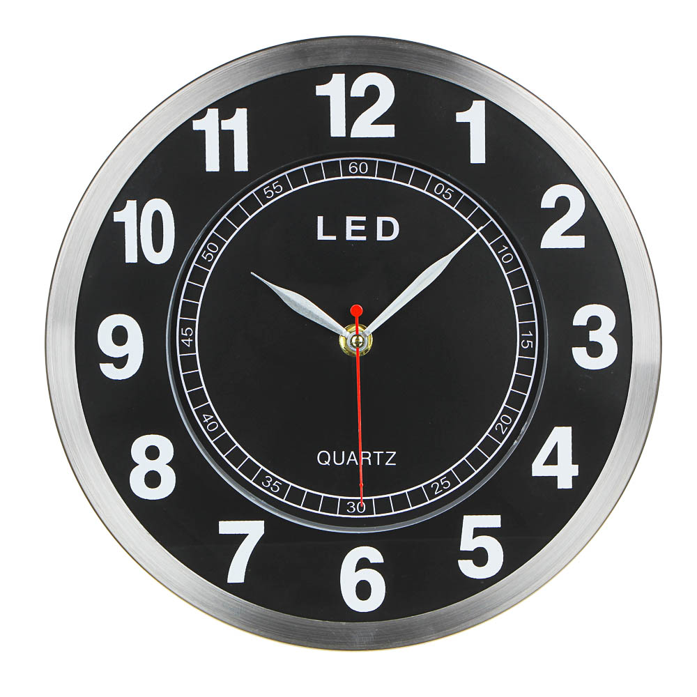LADECOR CHRONO Часы настенные в металл. ободе со светящимися цифрами и кругом, LED, d=25 см, стекло, арт.№ 581-832