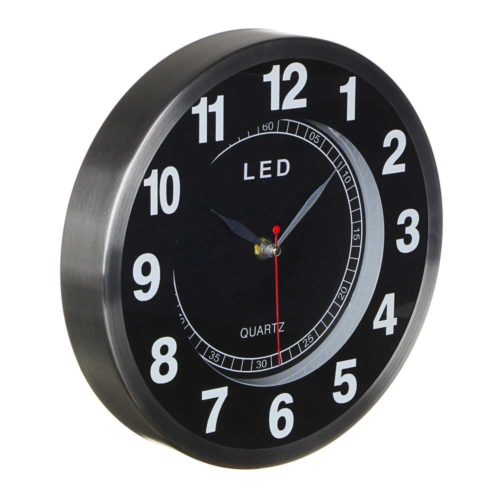 LADECOR CHRONO Часы настенные в металл. ободе со светящимися цифрами и кругом, LED, d=25 см, стекло, арт.№ 581-832