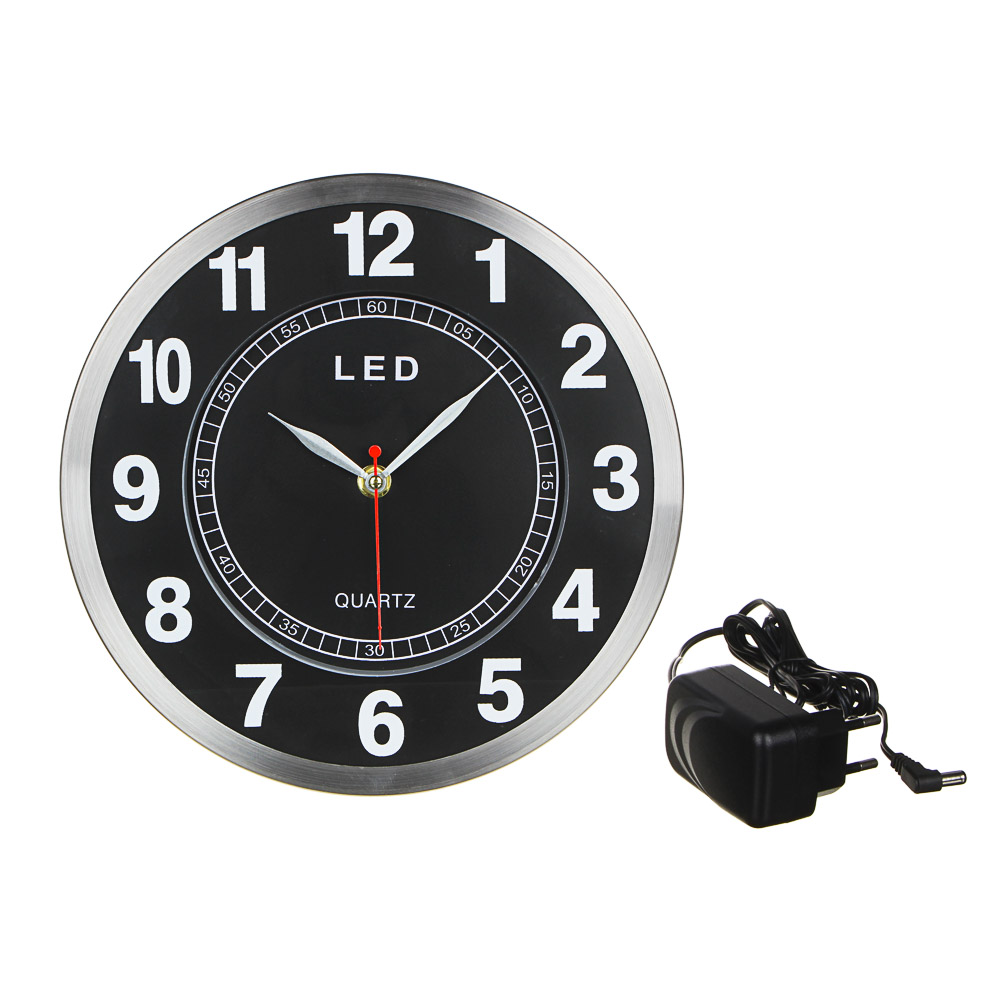 LADECOR CHRONO Часы настенные в металл. ободе со светящимися цифрами и кругом, LED, d=25 см, стекло, арт.№ 581-832