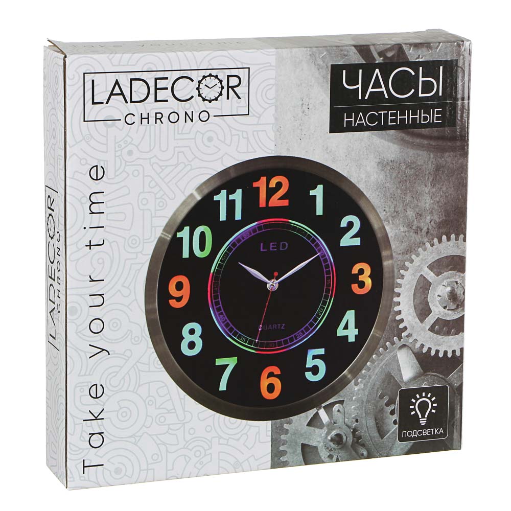 LADECOR CHRONO Часы настенные в металл. ободе со светящимися цифрами и кругом, LED, d=25 см, стекло, арт.№ 581-832