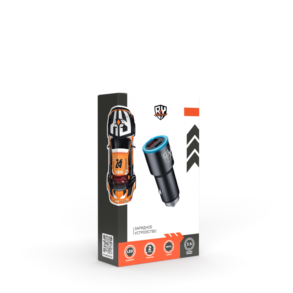 Автомобильное зарядное устройство BY Motorsport, Type-C/USB, 3А, 12В, Быстрая зарядка QC3.0, металл, арт.№ 738-029