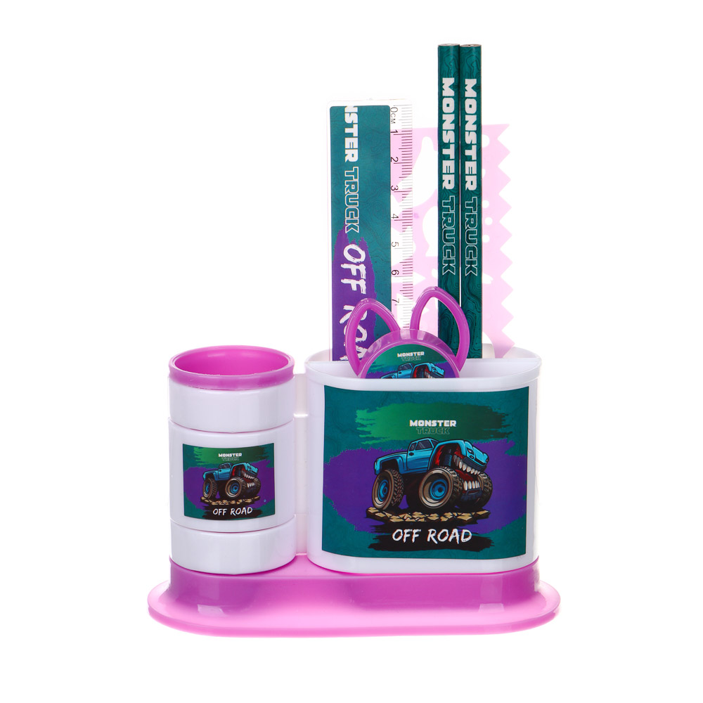 МОНСТР ТРАК Органайзер канц. 4 отд., 7 пр.:(ножн., 2 кар., точилка, трафарет, линейка, подст.), пл., арт.№ 234-054