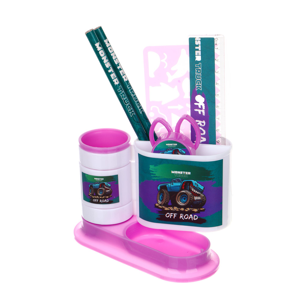 МОНСТР ТРАК Органайзер канц. 4 отд., 7 пр.:(ножн., 2 кар., точилка, трафарет, линейка, подст.), пл., арт.№ 234-054