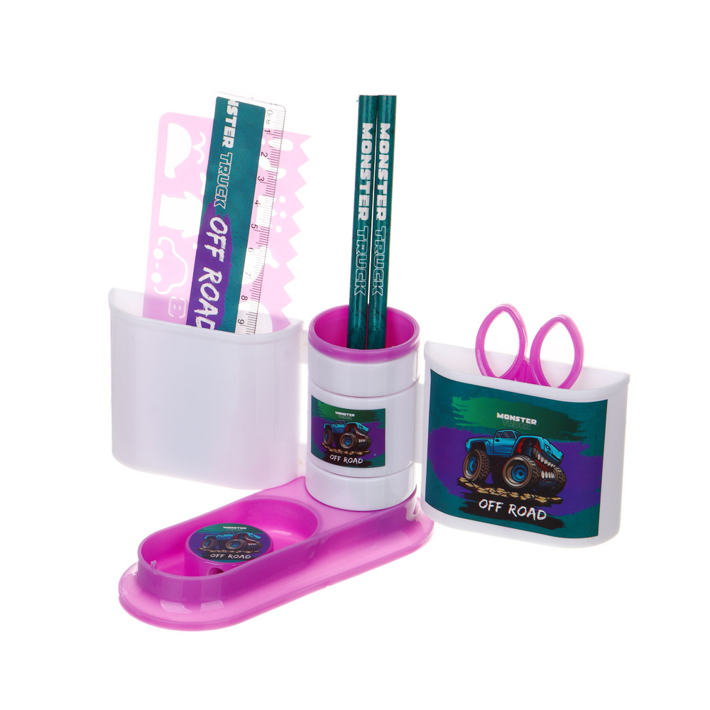 МОНСТР ТРАК Органайзер канц. 4 отд., 7 пр.:(ножн., 2 кар., точилка, трафарет, линейка, подст.), пл., арт.№ 234-054