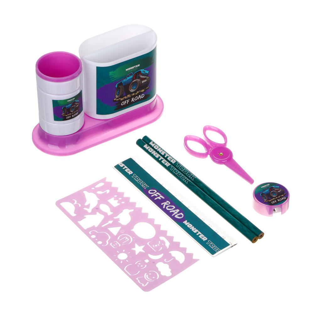 МОНСТР ТРАК Органайзер канц. 4 отд., 7 пр.:(ножн., 2 кар., точилка, трафарет, линейка, подст.), пл., арт.№ 234-054