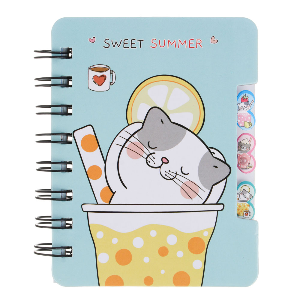 Записная книжка 12х9,3см, 57 листов, "Котики в газировке", картон, спираль, 3 разделителя, 4 дизайна, арт.№ 557-001