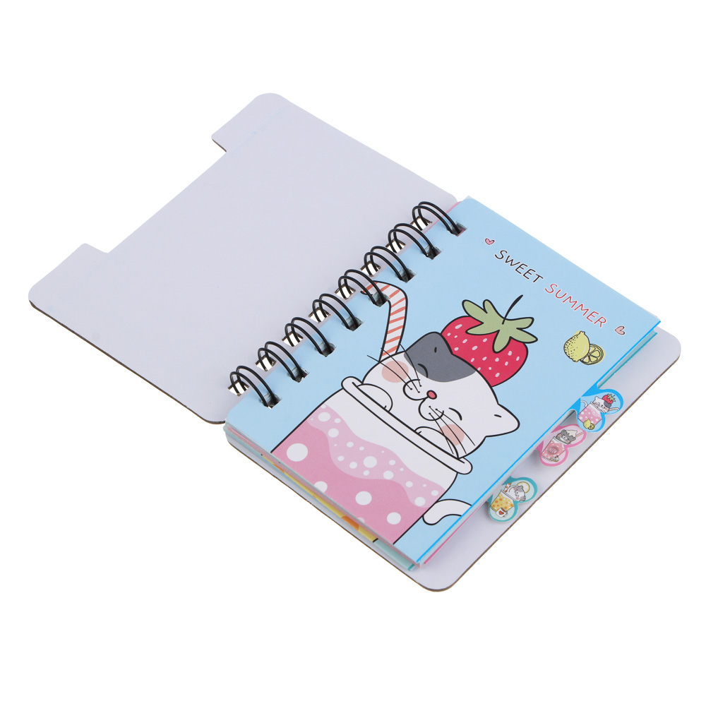 Записная книжка 12х9,3см, 57 листов, "Котики в газировке", картон, спираль, 3 разделителя, 4 дизайна, арт.№ 557-001