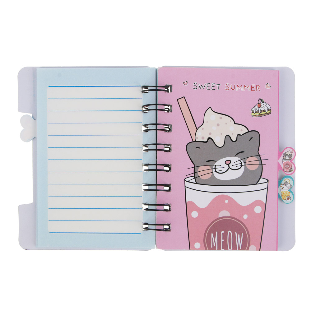 Записная книжка 12х9,3см, 57 листов, "Котики в газировке", картон, спираль, 3 разделителя, 4 дизайна, арт.№ 557-001