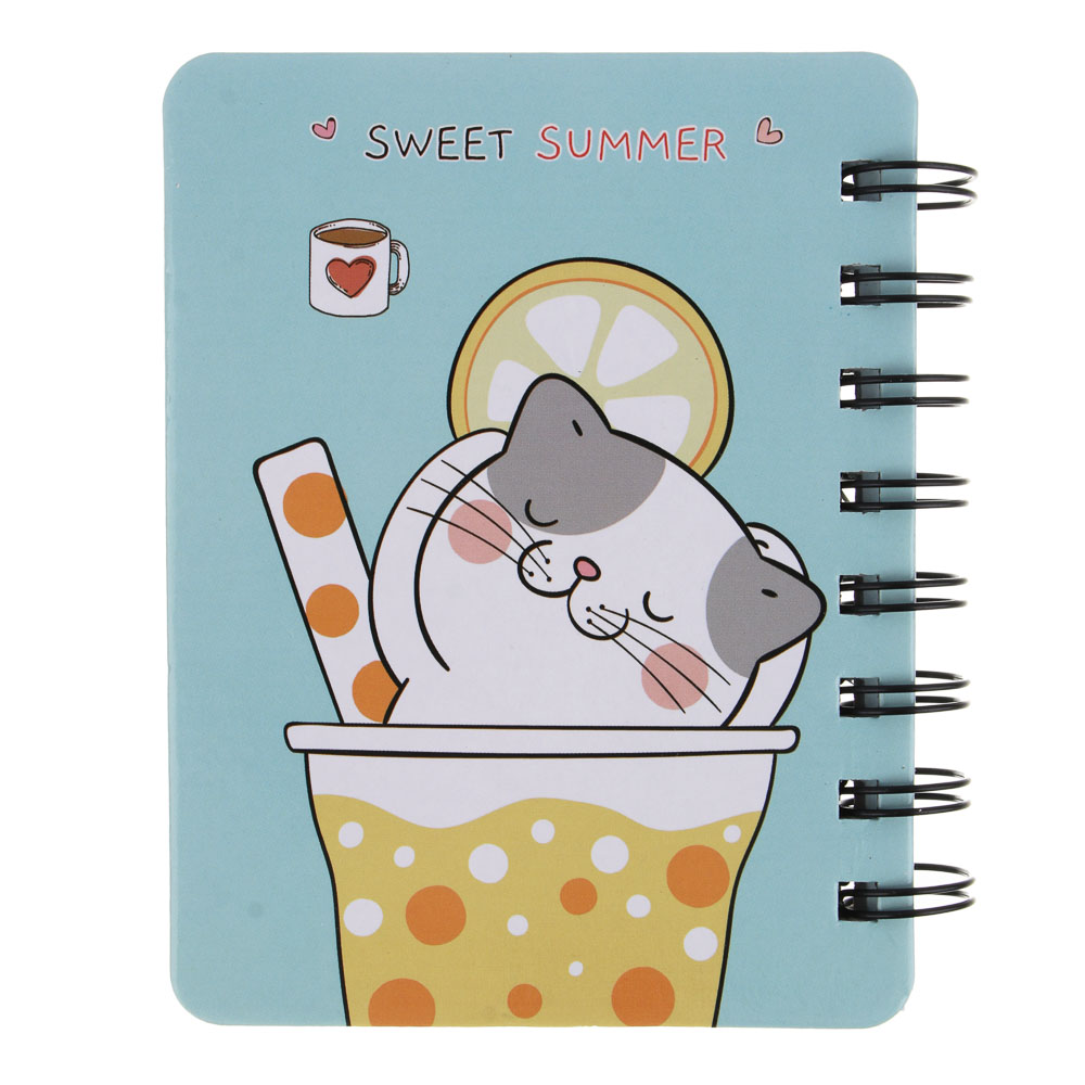 Записная книжка 12х9,3см, 57 листов, "Котики в газировке", картон, спираль, 3 разделителя, 4 дизайна, арт.№ 557-001