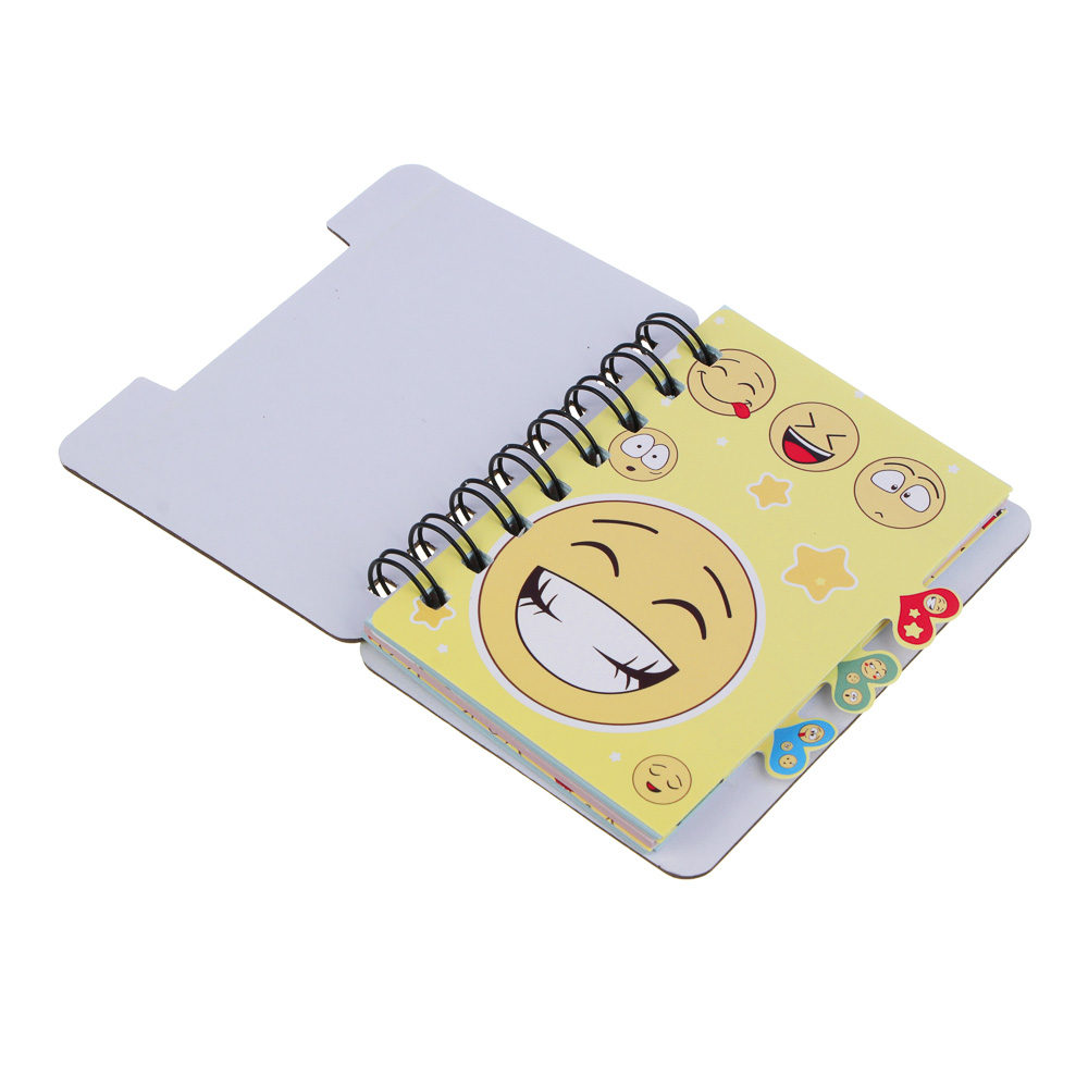 Записная книжка 12х9,3см, 57 листов, "Смайлики", картон, спираль, 3 цветных разделителя, 4 дизайна, арт.№ 557-002