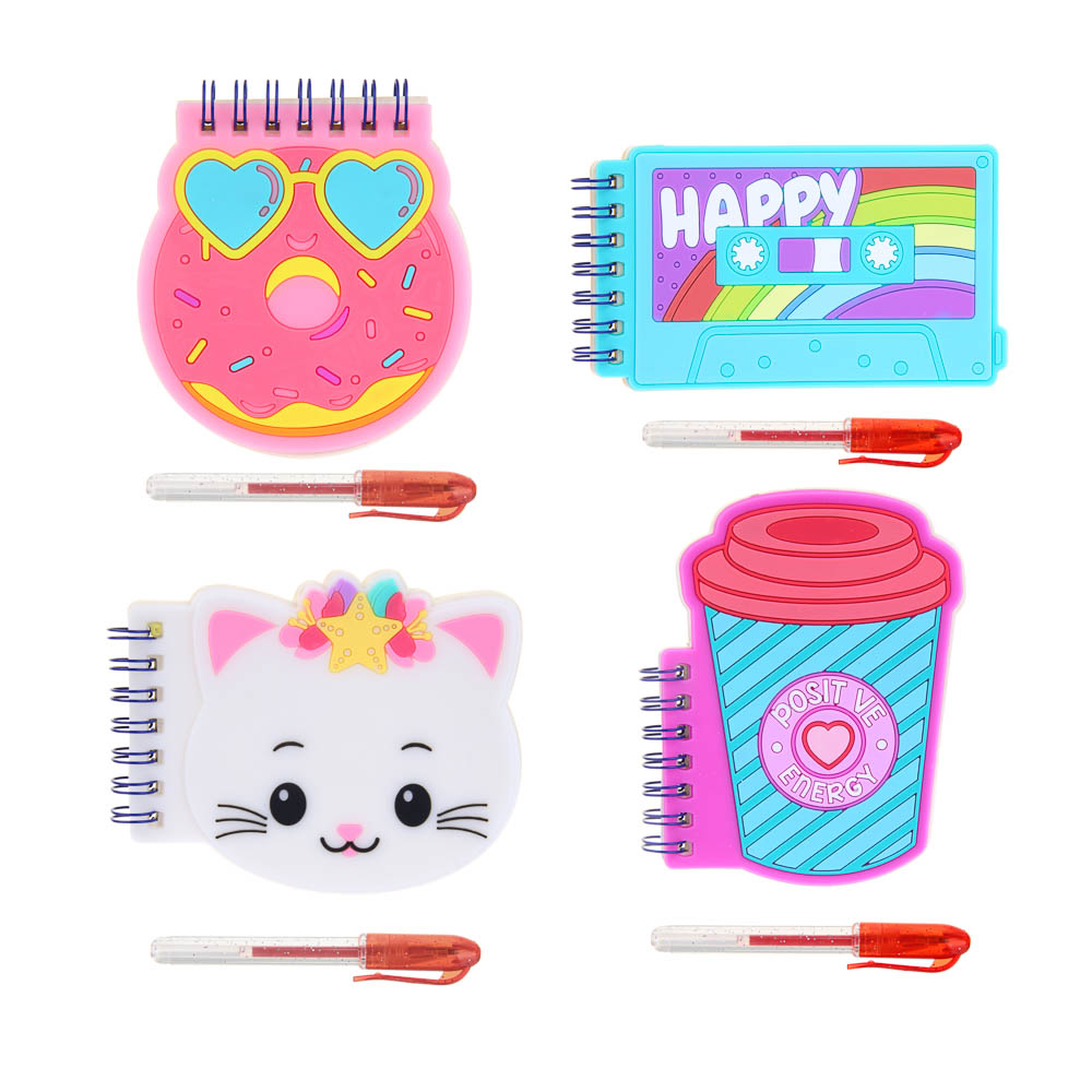 Записная книжка фигур.с ручкой шар., 8,8-13х7,2-11,4см,40л., обложка из силикона с объем.элем.,4диз., арт.№ 557-017