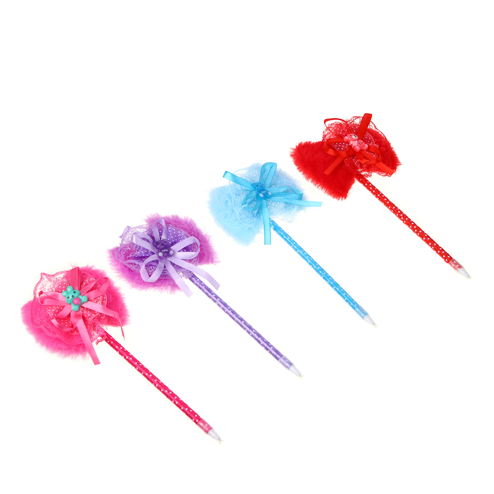 Ручка шариковая синяя, наконечник в форме банта с медвежонком, ткань, PP, корпус 18,5 см, 4 дизайна, арт.№ 526-026