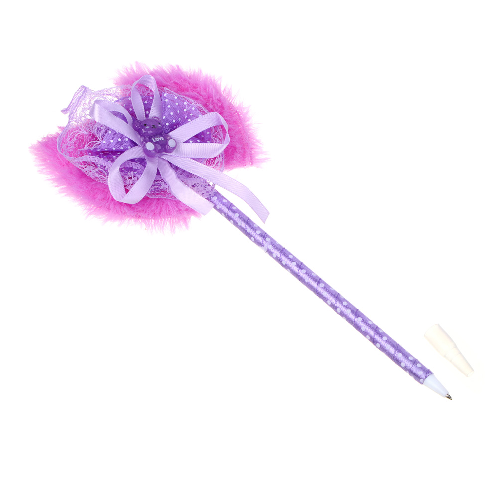 Ручка шариковая синяя, наконечник в форме банта с медвежонком, ткань, PP, корпус 18,5 см, 4 дизайна, арт.№ 526-026