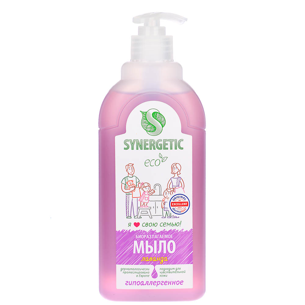 Мыло жидкое SYNERGETIC Лаванда, гипоаллергенное, увлажняющее, биоразлагаемое, п/б, дозатор, 0,5л, арт.№ 952-134