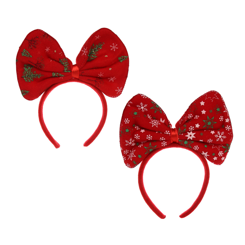 СНОУ БУМ Ободок новогодний с бантом, диаметр 12см, пластик, полиэстер, 2 дизайна, арт.№ 343-160