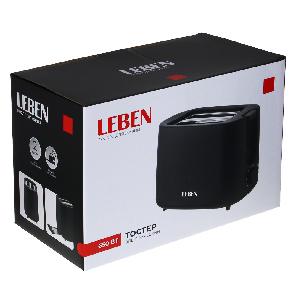 LEBEN Тостер, 650 Вт, 2 слота, регулятор мощности/степени прожарки, пластик, металл, чёрный, арт.№ 271-030