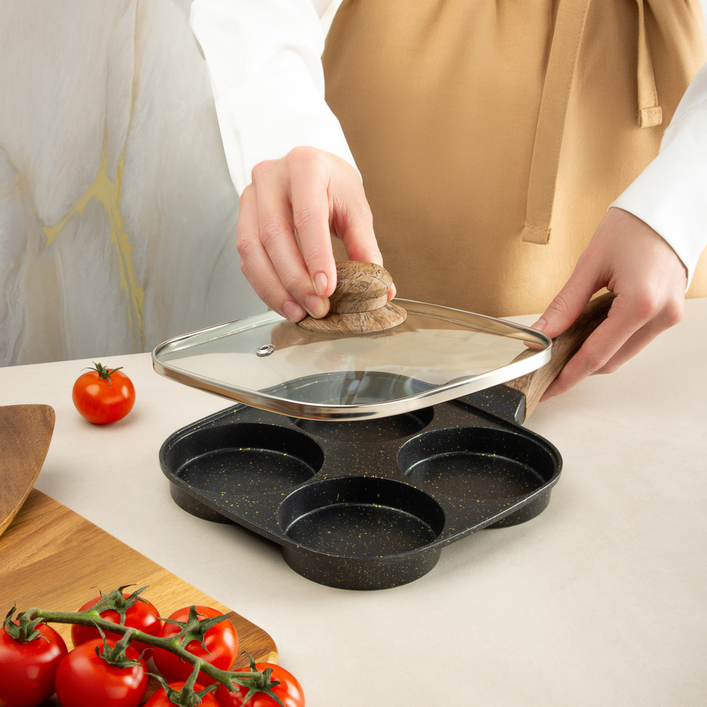 SATOSHI Карнуа Сковорода литая с крышкой, 4 секции, 18см, антипригарное покрытие мрамор, индукция, арт.№ 846-721