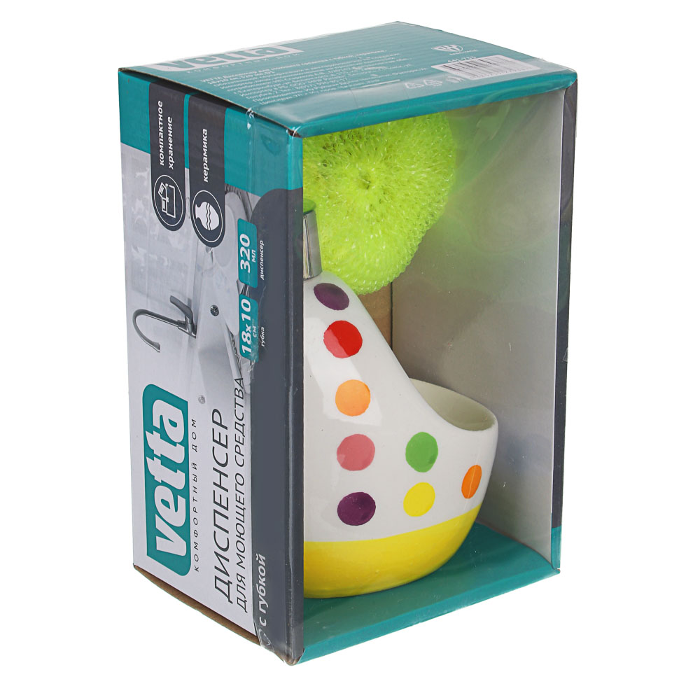 VETTA Диспенсер для моющего средства с губкой, керамика, 18х10см, 320 мл, 4 дизайна, D1, арт.№ 441-733