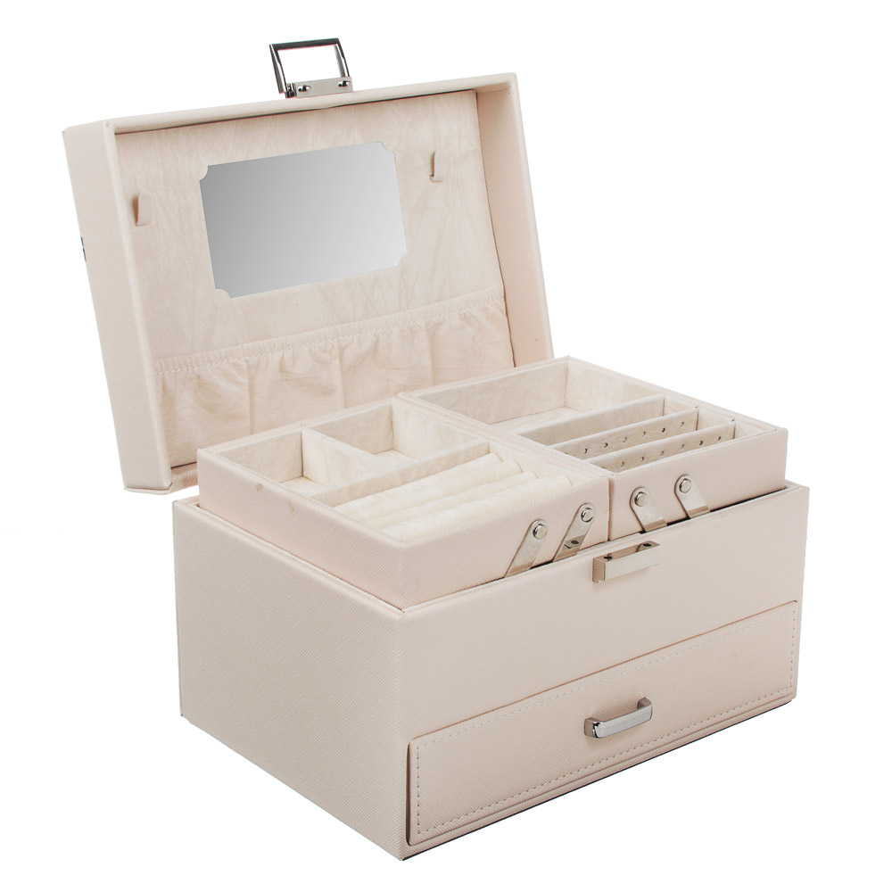 LADECOR Шкатулка для украшений с зеркалом, 2 выдвижных яруса с секциями, 22,5х15,5х14см, полиэстер, арт.№ 504-658