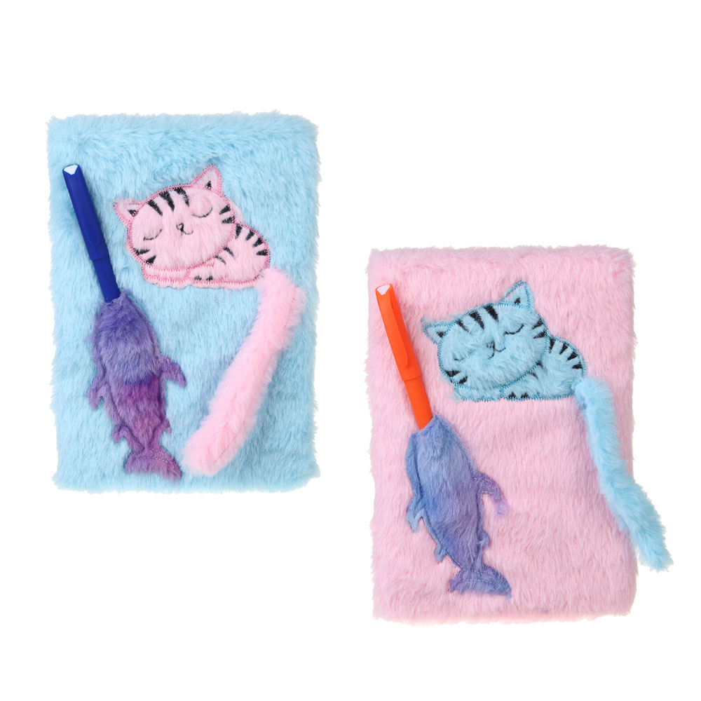 Записная книжка А5, 21,5х14,5см, 80л., иск.мех, аппликация, ручка в кармашке, "Котик с рыбкой", 2цв., арт.№ 557-078