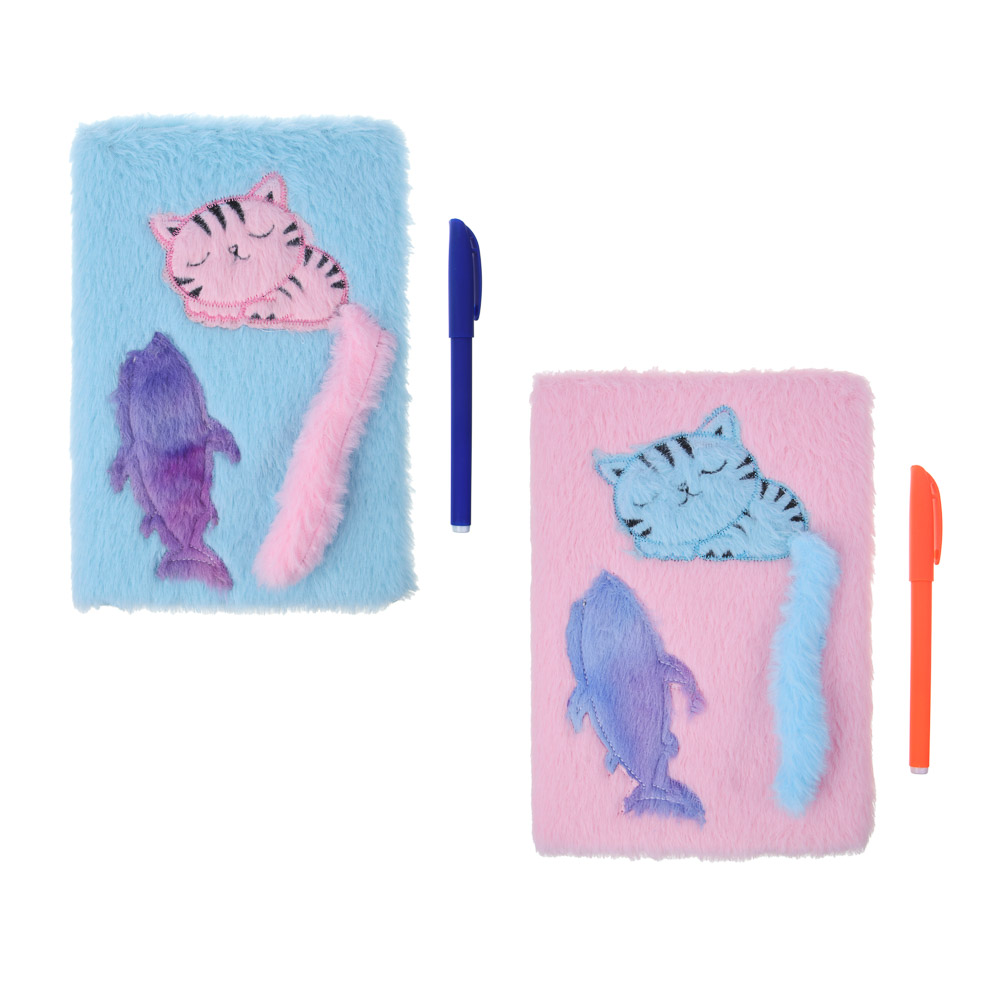 Записная книжка А5, 21,5х14,5см, 80л., иск.мех, аппликация, ручка в кармашке, "Котик с рыбкой", 2цв., арт.№ 557-078