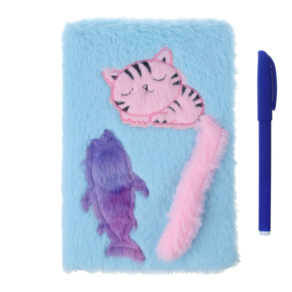 Записная книжка А5, 21,5х14,5см, 80л., иск.мех, аппликация, ручка в кармашке, "Котик с рыбкой", 2цв., арт.№ 557-078