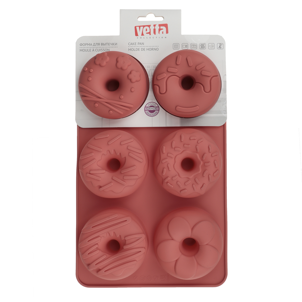 VETTA Форма силиконовая 6 ячеек, 27x16,5x3см "Пончики", 3 цвета, арт.№ 856-005