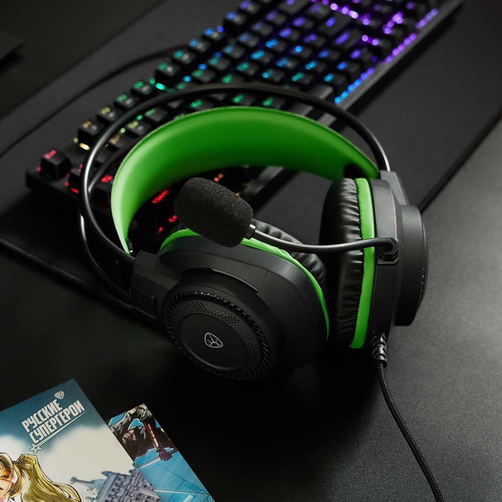 Наушники проводные с микрофоном игровые BY Сabasset 3.5мм 4pin-SPK+MIC 3,2 м, зелёные, арт.№ 410-083