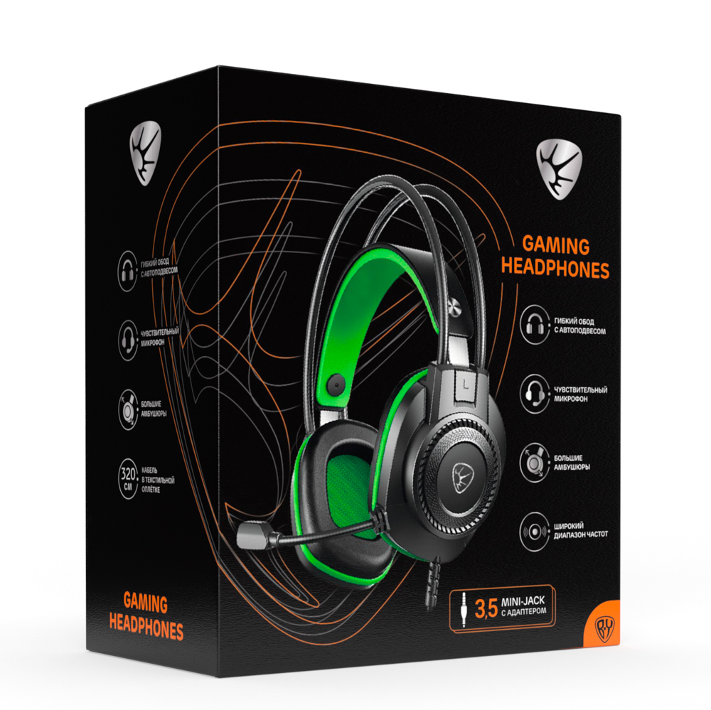 Наушники проводные с микрофоном игровые BY Сabasset 3.5мм 4pin-SPK+MIC 3,2 м, зелёные, арт.№ 410-083