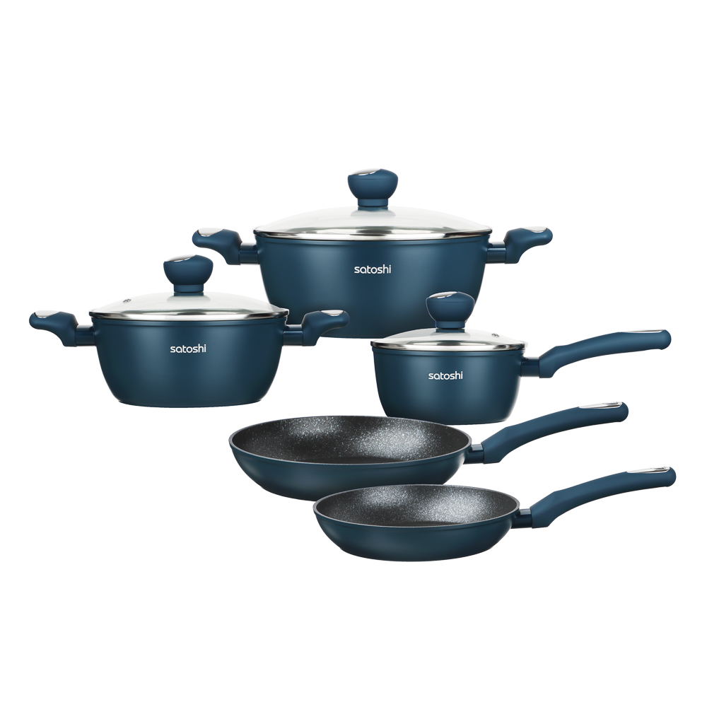 SATOSHI Ривьера Набор посуды 8 предметов, а/пр.покрытие: кастюли+крышки: 2,3 л и 3,8 л; ковш+крышка 1,3 л; сковороды 24 см, 28 см, арт.№ 846-722