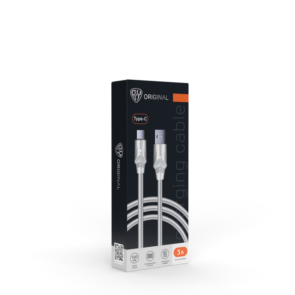 Кабель для зарядки USB(A)-Type C BY Серебро, 1м, быстр зарядка QC3.0, штекер металл, серебристый, арт.№ 931-181