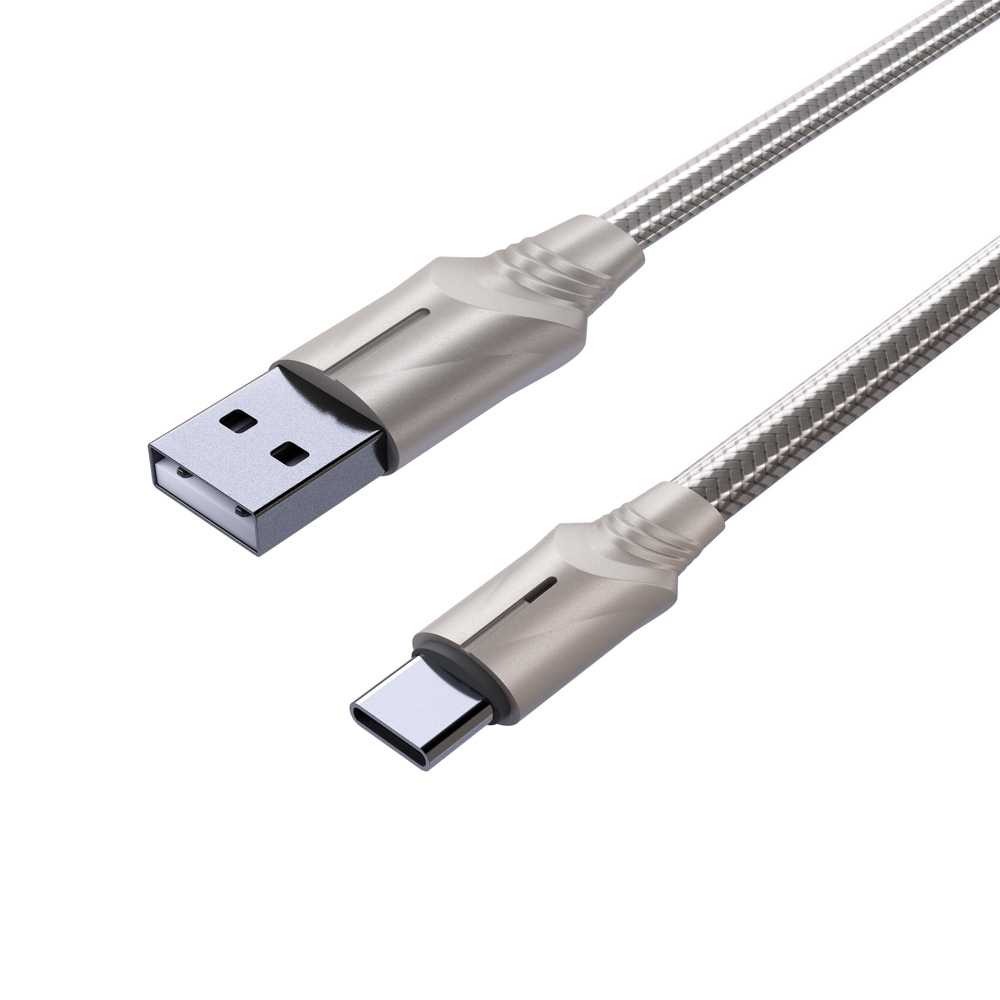 Кабель для зарядки USB(A)-Type C BY Серебро, 1м, быстр зарядка QC3.0, штекер металл, серебристый, арт.№ 931-181