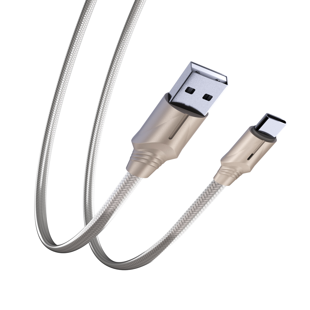 Кабель для зарядки USB(A)-Type C BY Серебро, 1м, быстр зарядка QC3.0, штекер металл, серебристый, арт.№ 931-181