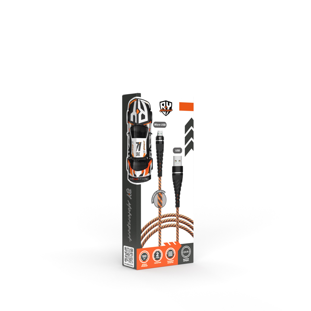 BY Motorsport Кабель для зарядки Micro USB, 1м., 2.4А, Быстрая зарядка QC3.0, тканевая оплётка, пу, арт.№ 931-286
