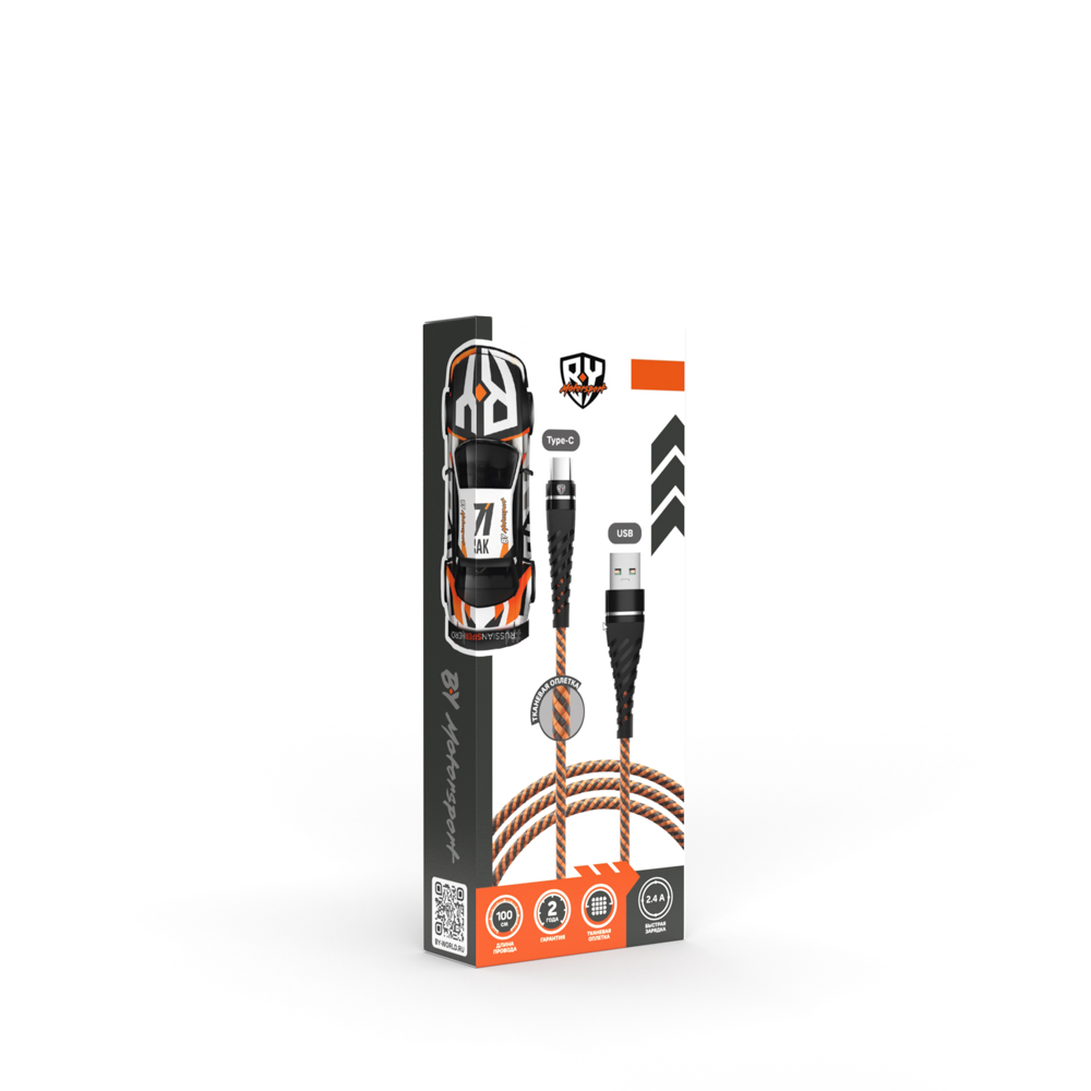 Кабель для зарядки USB(A)-Type C BY Motorsport, 1м., 2.4А, быстр зар QC3.0, тканевая оплётка, пу, арт.№ 931-287