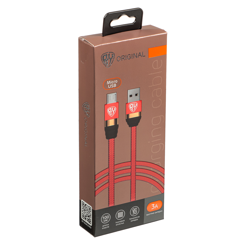 Кабель для зарядки USB(A)-microUSB BY Элегант, 1м, 3А, быстр зар QC3.0, тканевая оплётка, красный, арт.№ 931-386