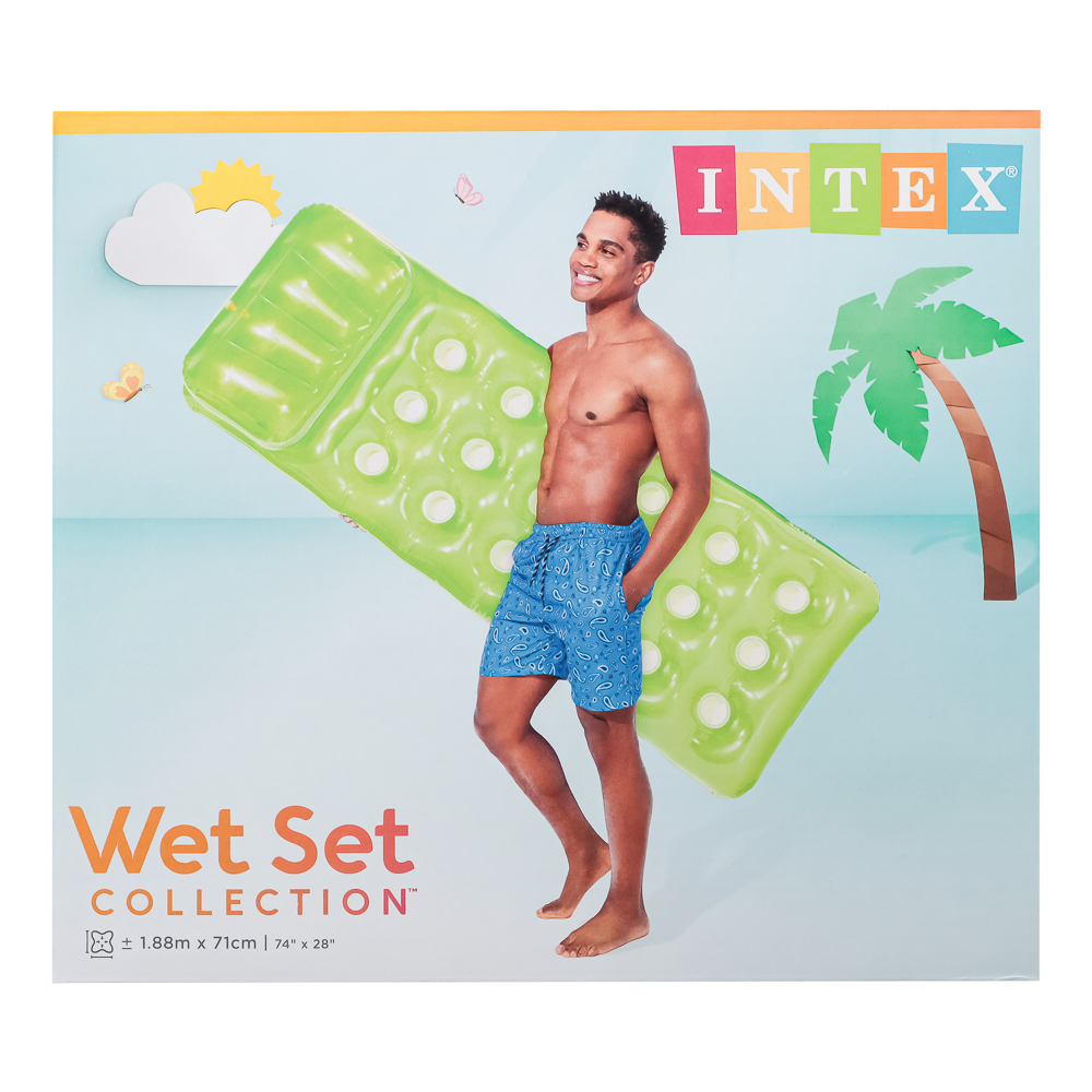INTEX Матрас пляжный надувной с подушкой, 188x71см, 2 камеры, рем комплект, 3 цвета, 58890EU, арт.№ 359-266