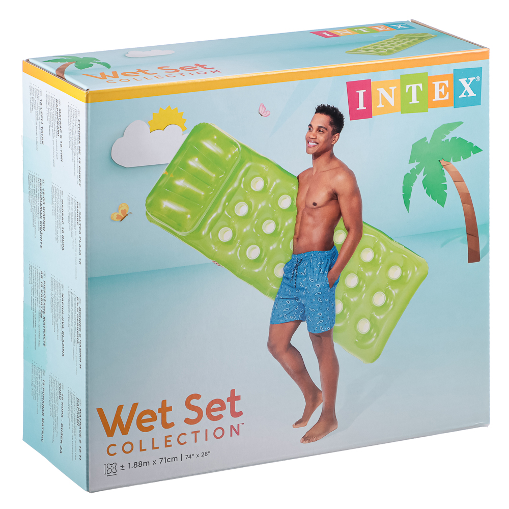 INTEX Матрас пляжный надувной с подушкой, 188x71см, 2 камеры, рем комплект, 3 цвета, 58890EU, арт.№ 359-266