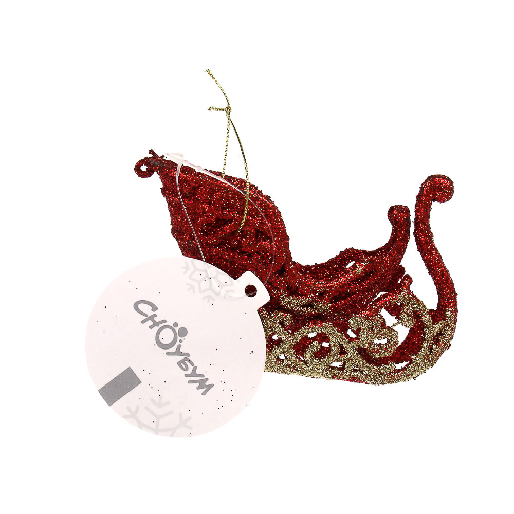 СНОУ БУМ Подвеска декоративная "Сани" 10.5x6x3.5 см, пластик, глиттер, красный, арт.№ 397-398