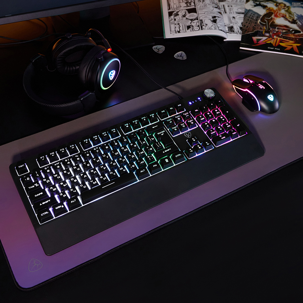 Игровая клавиатура проводная BY Rondache FULL SIZE ISO, мембранная, 104 кл., RGB, 2м, энкодер, арт.№ 405-071