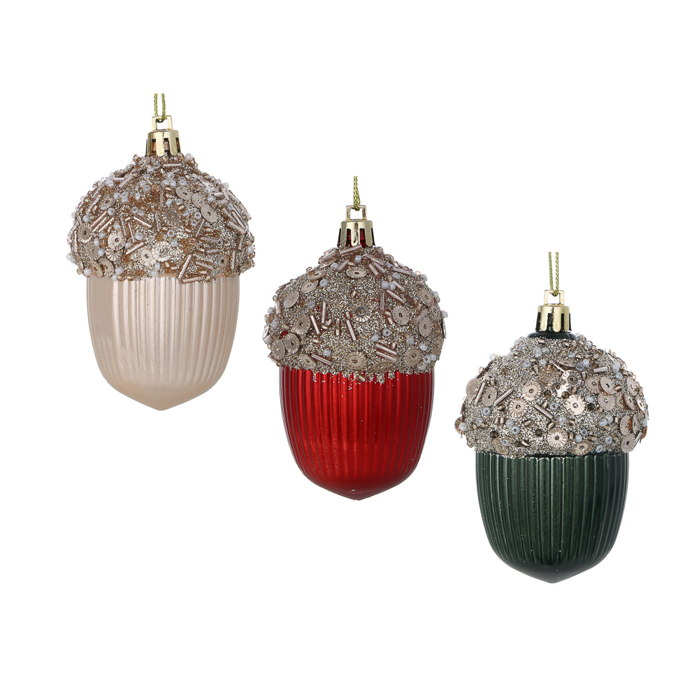 СНОУ БУМ Подвеска декоративная "Желудь", 6х6х9 см, 1 шт, пластик, глиттер, 3 дизайна, арт.№ 397-402